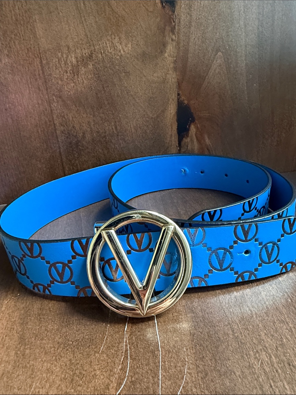 Valentino Electric Blue Logo Belt with Gold V Buckle